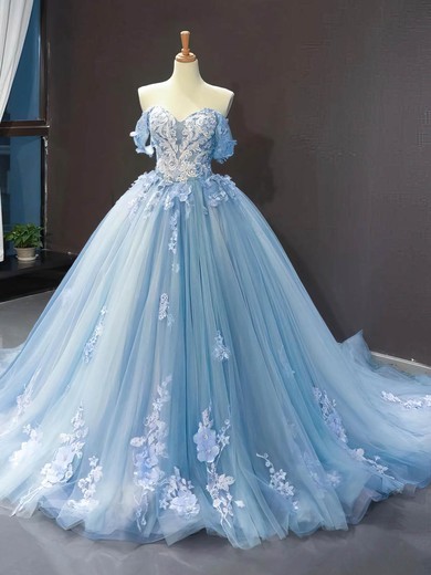Ball Gown Off-the-shoulder Tulle Sweep Train Beading Prom Dresses #UKM020107457