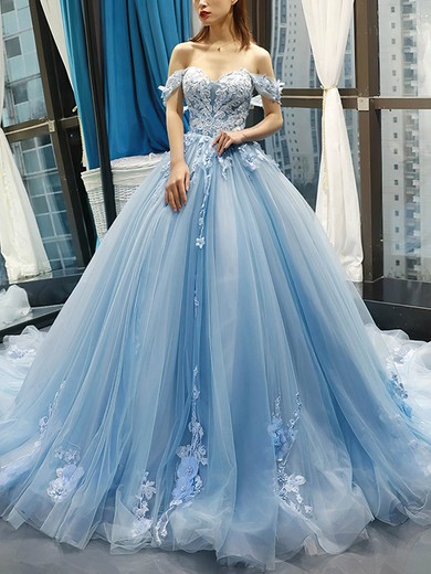 Tulle Off-the-shoulder Ball Gown Sweep Train Flower(s) Prom Dresses #UKM020107457