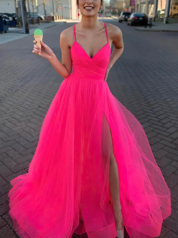 Ball Gown/Princess Sweep Train V-neck Tulle Ruffles Prom Dresses #UKM020107458