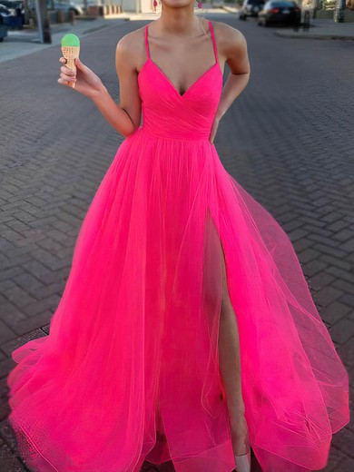 Ball Gown/Princess Sweep Train V-neck Tulle Ruffles Prom Dresses #UKM020107458