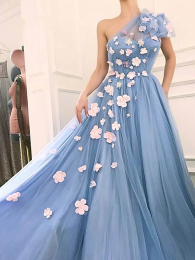 Ball Gown/Princess Sweep Train One Shoulder Tulle Flower(s) Prom Dresses #UKM020107463