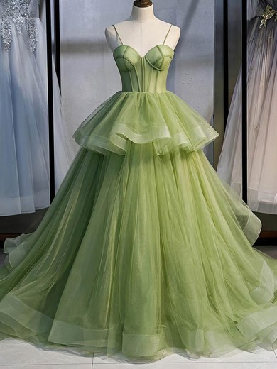 Ball Gown Sweetheart Tulle Sweep Train Tiered Prom Dresses #UKM020107466