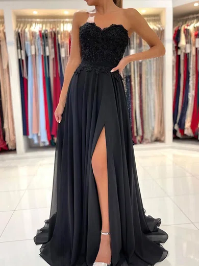 Black A-line Strapless Chiffon Prom Dresses With Appliques #UKM020107474