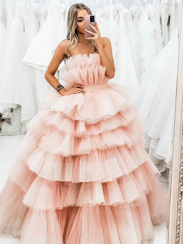 Ball Gown/Princess Sweep Train Straight Tulle Tiered Prom Dresses #UKM020107476