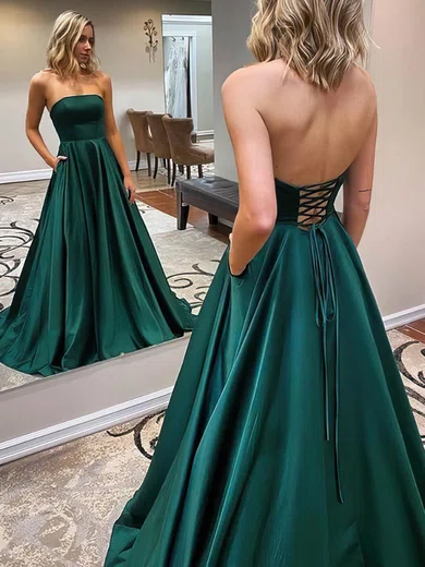 Ball Gown Floor-length Satin Strapless Prom Dresses #UKM020107479