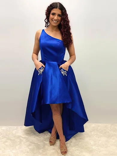 Satin One Shoulder A-line Asymmetrical Beading Prom Dresses #UKM020107480