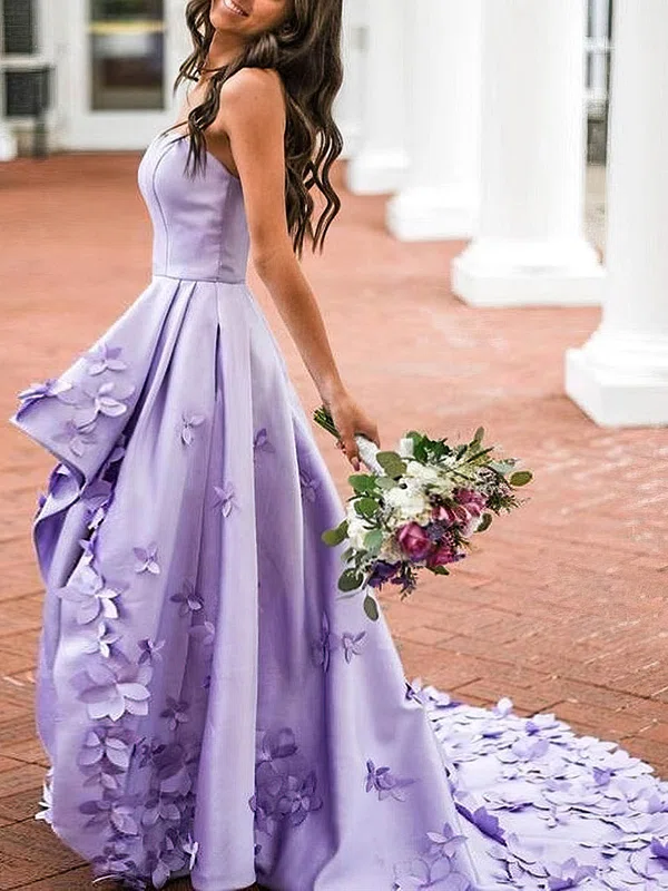 Silk-like Satin Strapless A-line Sweep Train Flower(s) Prom Dresses #UKM020107481