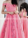 Tulle Off-the-shoulder A-line Sweep Train Beading Prom Dresses #UKM020107484