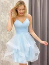 A-line V-neck Tulle Short/Mini Short Prom Dresses #UKM020107488