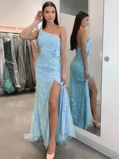 Tulle One Shoulder Sheath/Column Sweep Train Split Front Prom Dresses #UKM020107490