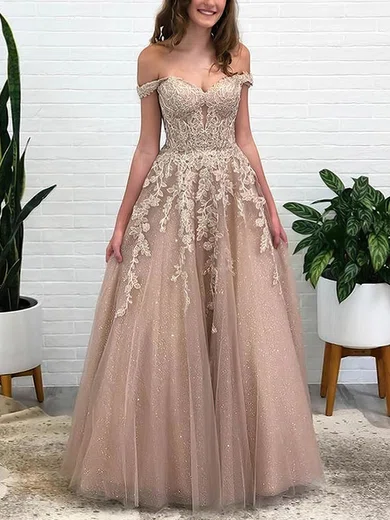 Ball Gown Off-the-shoulder Floor-length Tulle Prom Dresses With Appliques #UKM020107495