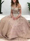 Glitter Off-the-shoulder A-line Floor-length Appliques Lace Prom Dresses #UKM020107495