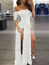 Silk-like Satin Off-the-shoulder A-line Sweep Train Split Front Prom Dresses #UKM020107500