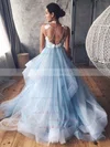 Tulle V-neck A-line Sweep Train Appliques Lace Prom Dresses #UKM020107502