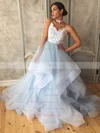 Tulle V-neck A-line Sweep Train Appliques Lace Prom Dresses #UKM020107502