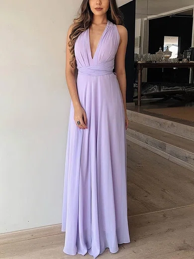 A-line Floor-length V-neck Chiffon Elegant Prom Dresses #UKM020107503