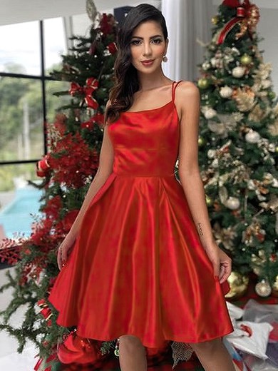 A-line Square Neckline Silk-like Satin Knee-length Short Prom Dresses #UKM020107511