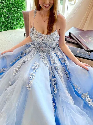 Tulle Square Neckline A-line Sweep Train Appliques Lace Prom Dresses #UKM020107512