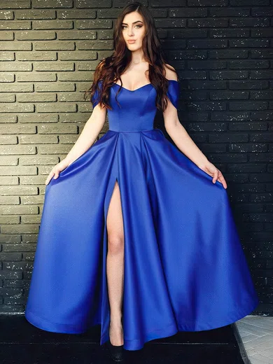 Satin Off-the-shoulder A-line Sweep Train Split Front Prom Dresses #UKM020107513