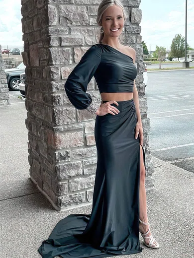 Silk-like Satin One Shoulder Trumpet/Mermaid Sweep Train Split Front Prom Dresses #UKM020107522