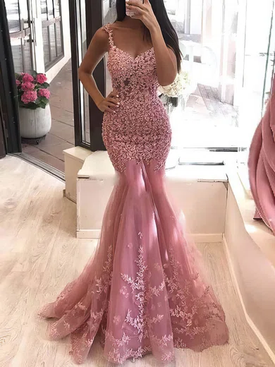 Mermaid V-neck Tulle Prom Dresses With Appliques #UKM020107534