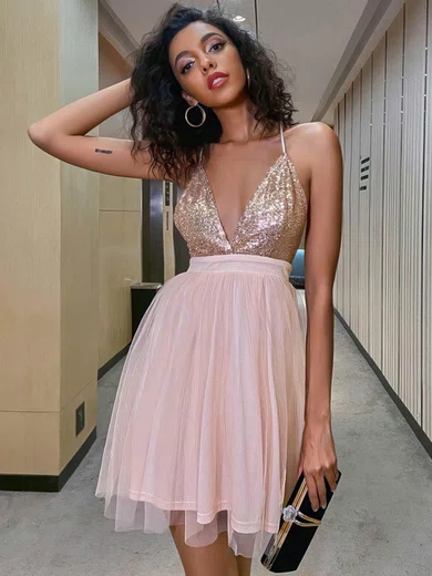 Deep V Neck Sequin Skater Dress #UKM020107550