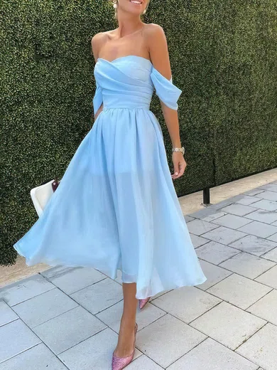 Chiffon Off-the-shoulder A-line Tea-length Prom Dresses #UKM020107551