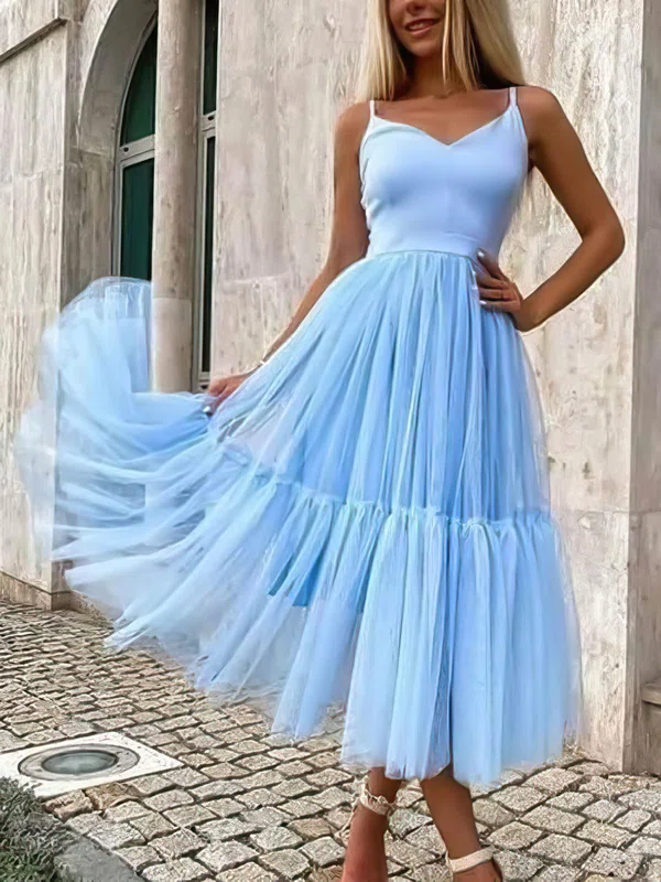 Ball Gown/Princess Tea-length V-neck Tulle Elegant Prom Dresses #UKM020107552
