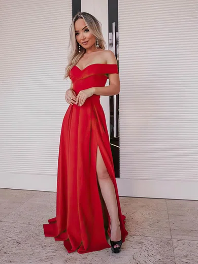 Silk-like Satin Off-the-shoulder A-line Sweep Train Split Front Prom Dresses #UKM020107558