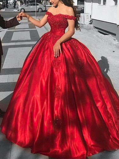 Ball Gown/Princess Floor-length Off-the-shoulder Satin Appliques Lace Prom Dresses #UKM020107561