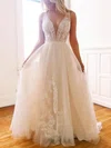 Ball Gown/Princess Sweep Train V-neck Lace Tulle Appliques Lace Prom Dresses #UKM020107568