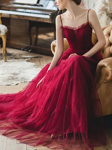 Tulle Square Neckline A-line Sweep Train Sashes / Ribbons Prom Dresses #UKM020107569
