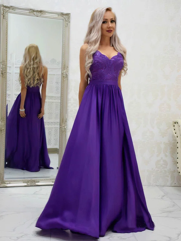 Silk-like Satin V-neck A-line Sweep Train Appliques Lace Prom Dresses #UKM020107574