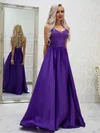 Silk-like Satin V-neck A-line Sweep Train Appliques Lace Prom Dresses #UKM020107574