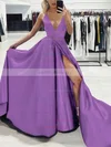 Silk-like Satin V-neck A-line Sweep Train Split Front Prom Dresses #UKM020107575