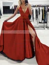 Silk-like Satin V-neck A-line Sweep Train Split Front Prom Dresses #UKM020107575