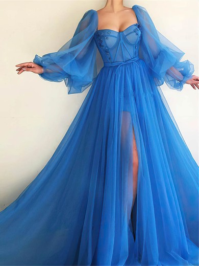Ball Gown/Princess Sweep Train Sweetheart Tulle Long Sleeves Beading Prom Dresses #UKM020107577