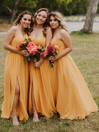 Chiffon V-neck A-line Floor-length Split Front Bridesmaid Dresses #UKM01014159