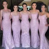 Sheath/Column Scoop Neck Lace Sweep Train Bridesmaid Dresses #UKM01014173