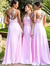 Silk-like Satin One Shoulder A-line Sweep Train Appliques Lace Bridesmaid Dresses #UKM01014180