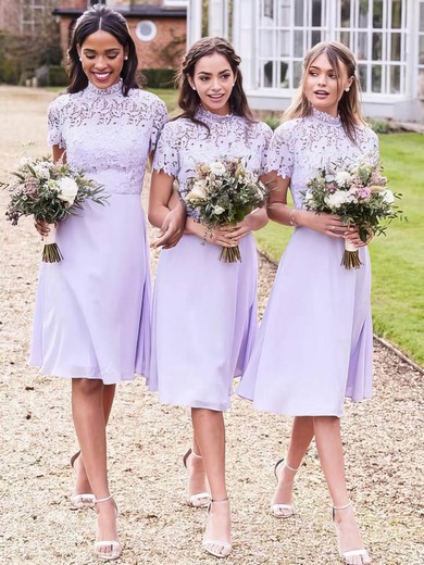 Chiffon High Neck A-line Knee-length Appliques Lace Bridesmaid Dresses #UKM01014181