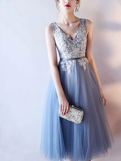 Tulle V-neck A-line Tea-length Appliques Lace Bridesmaid Dresses #UKM01014214