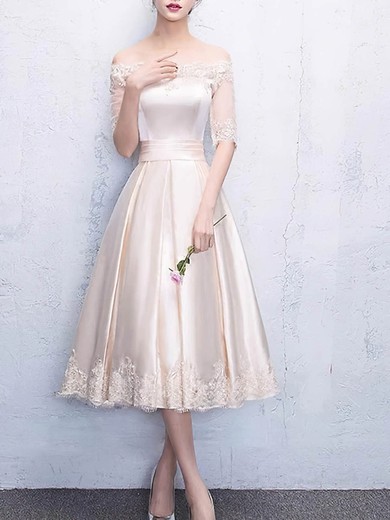 Silk-like Satin Off-the-shoulder A-line Tea-length Appliques Lace Bridesmaid Dresses #UKM01014221