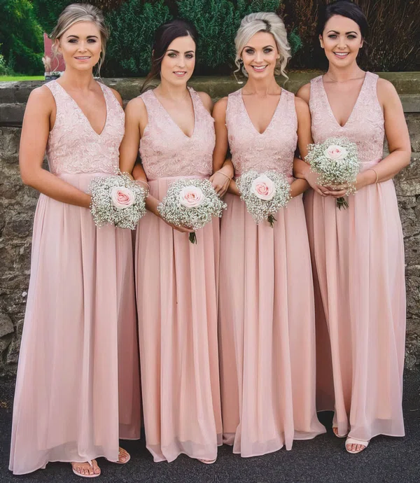 Chiffon V-neck A-line Floor-length Appliques Lace Bridesmaid Dresses #UKM01014227