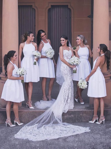 Satin Halter A-line Knee-length Bridesmaid Dresses #UKM01014230