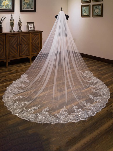 Cathedral Bridal Veils One-tier Lace Applique Edge Sequin Classic #UKM03010174