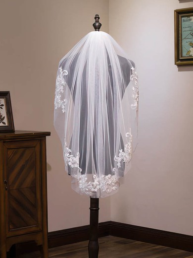 Elbow Bridal Veils One-tier Lace Applique Edge Sequin Cascade #UKM03010180