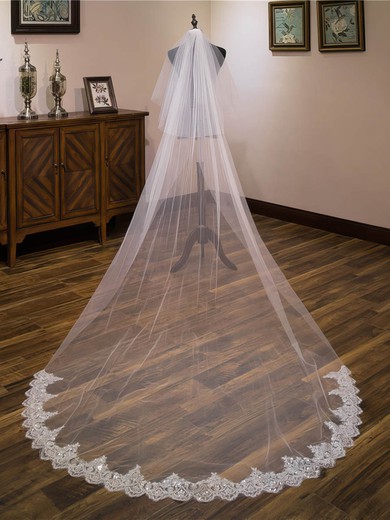 Cathedral Bridal Veils Two-tier Lace Applique Edge Beading Oval #UKM03010215