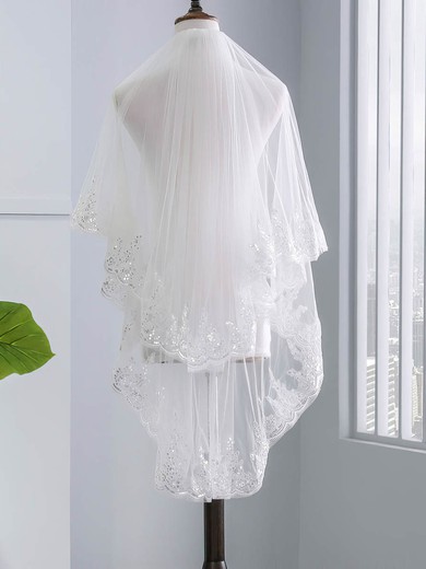 Fingertip Bridal Veils Two-tier Lace Applique Edge Sequin Classic #UKM03010220