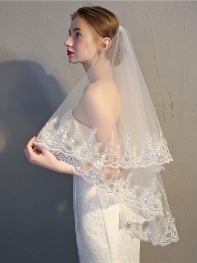 Fingertip Bridal Veils Two-tier Lace Applique Edge Sequin Classic #UKM03010243